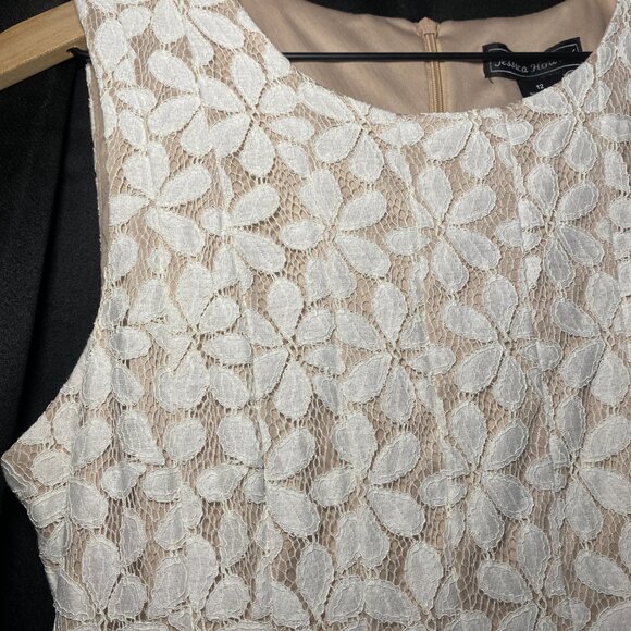 Jessica Howard White Beige Lace Overlay Sleeveless Dress Womens 12 Fit Flare EUC - Picture 2 of 11